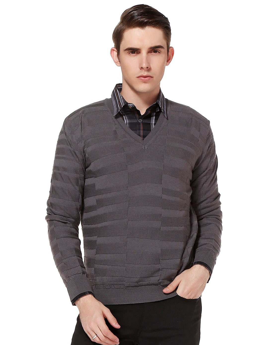 卓诺迪cerruti 1881男装专场 灰色简约v领长袖针织衫