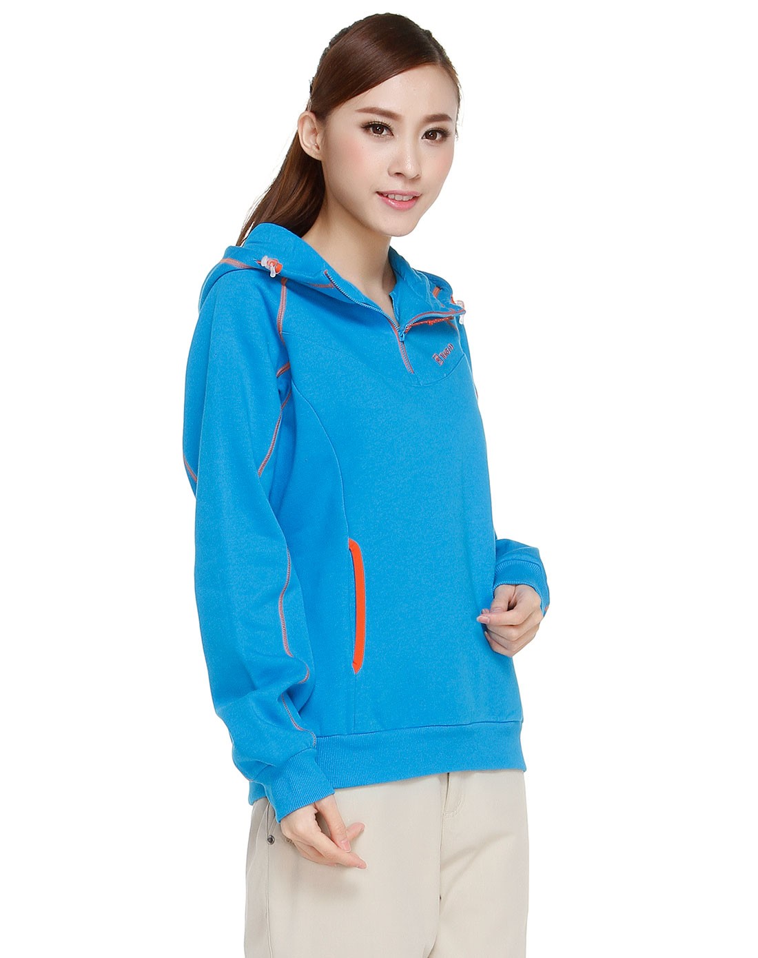 孔雀蓝色连帽长袖卫衣 个性新颖活力