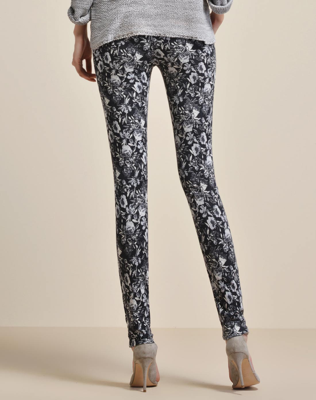 黑白花3d印花修身打底裤