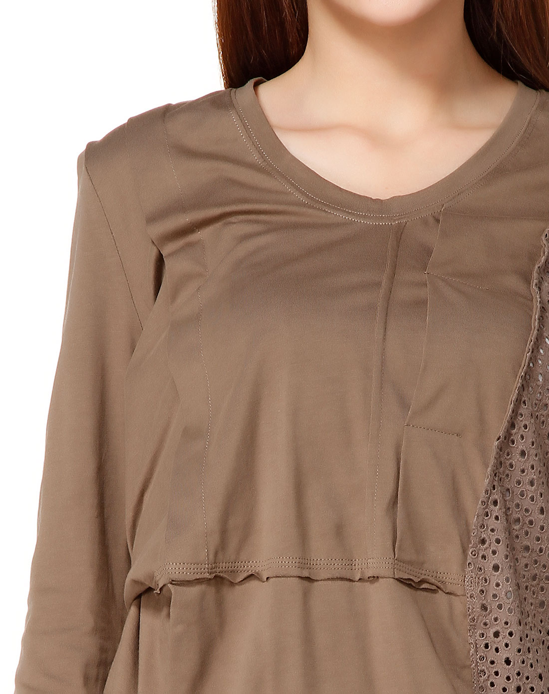 浅咖绿色绣花时尚长袖t恤