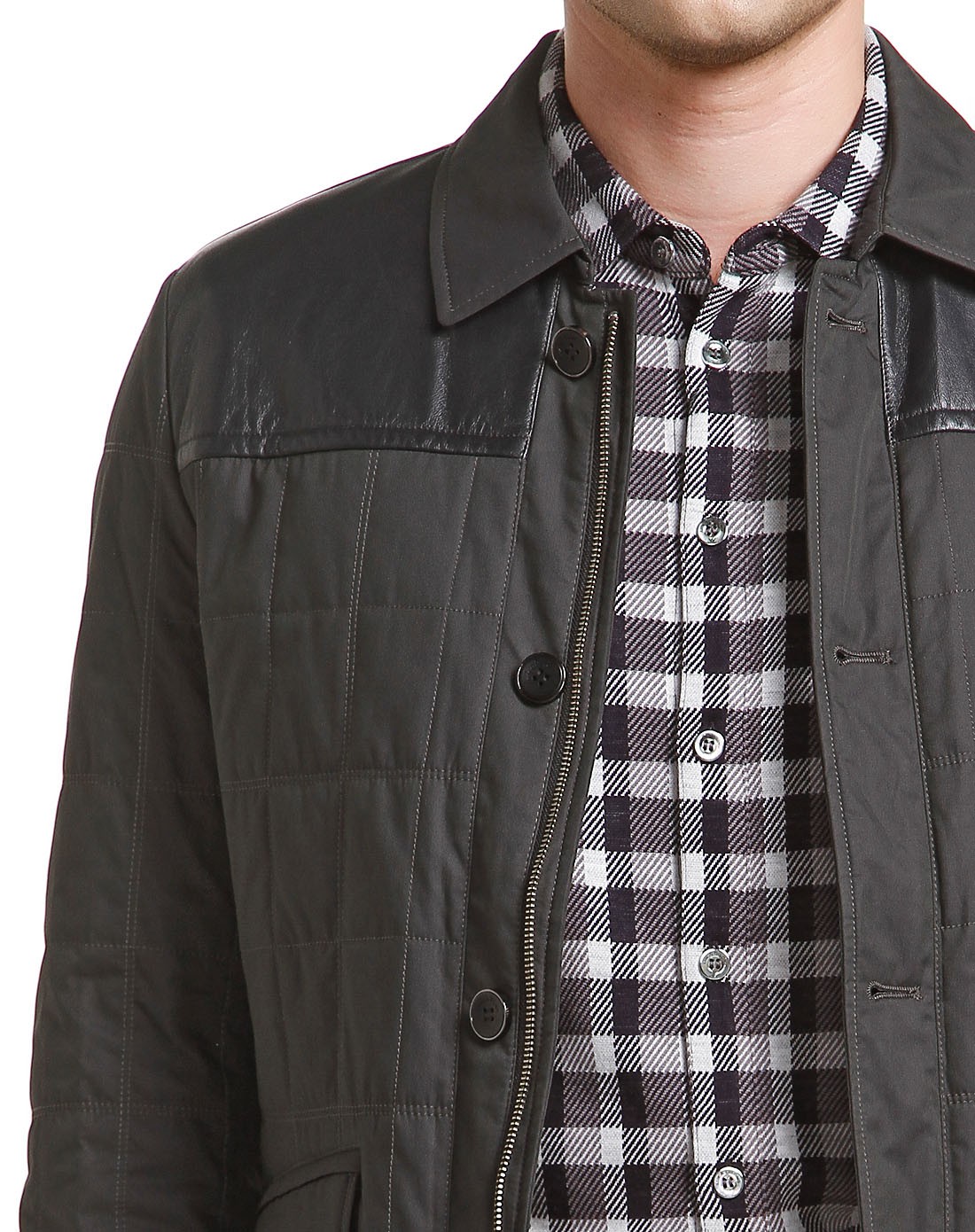 路卡迪龙&莱克代尔男装莱克代尔深灰蓝色羊皮拼接长袖棉衣25812002-36