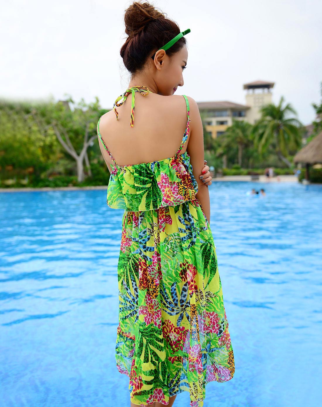 女士夏威夷风情聚拢性感比基尼三件套绿色