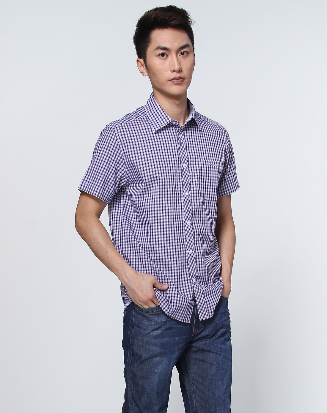 保罗威特polo villae男装专场-紫/白色格纹短袖衬衫