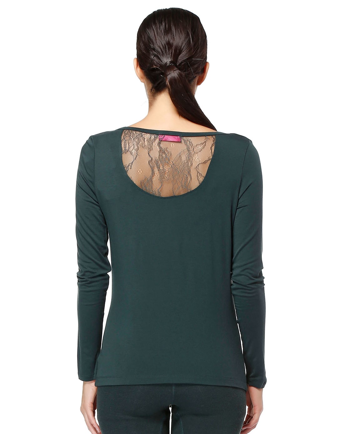 女藏绿极尚后领保暖蕾丝衫