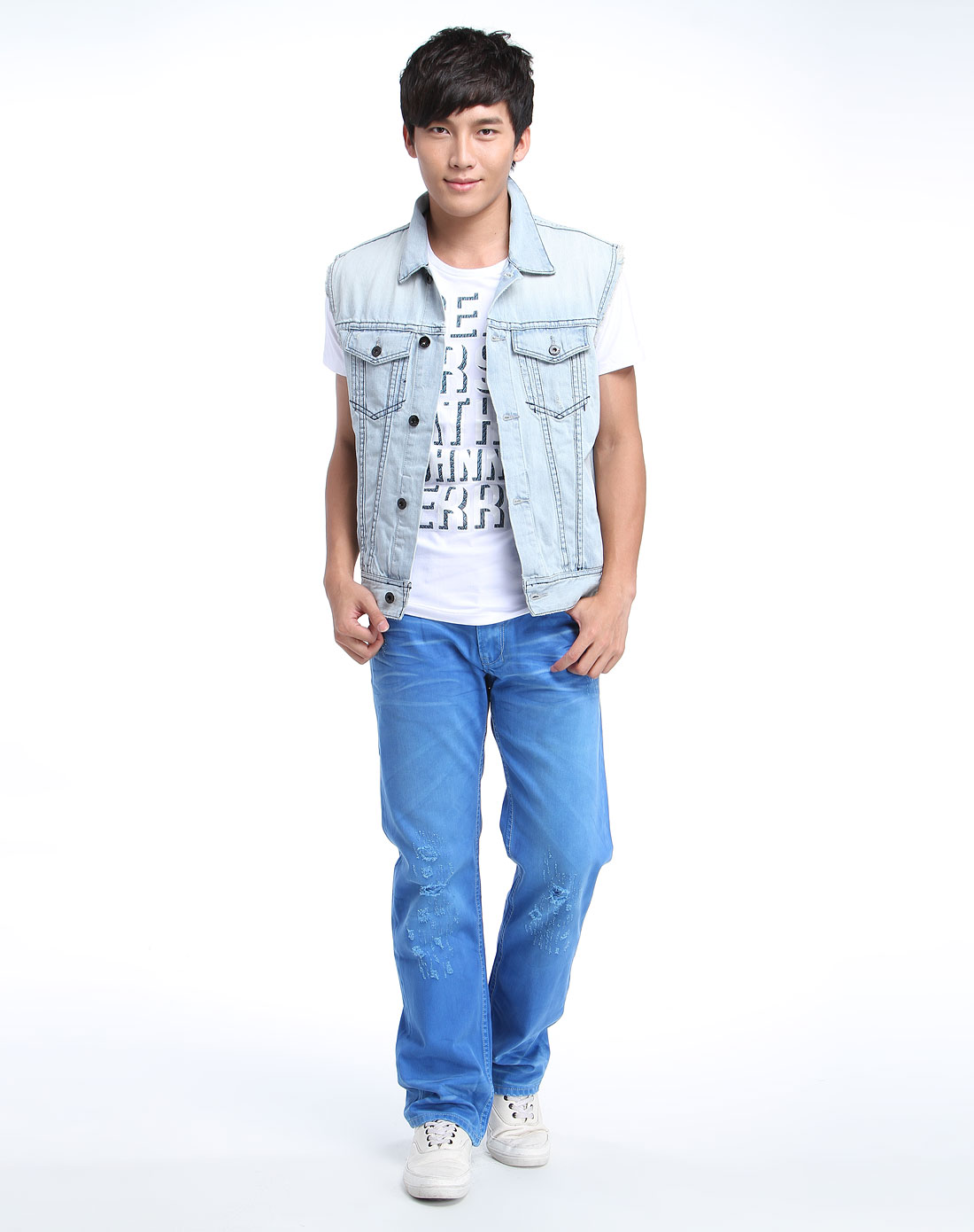 男款浅蓝色龟背印花牛仔马甲