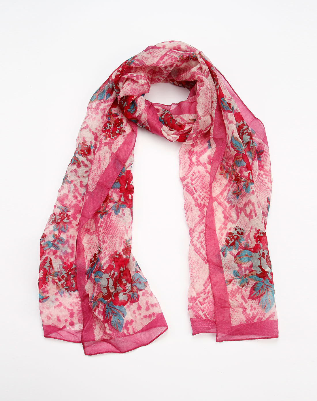 玫红/蓝色印花真丝围巾