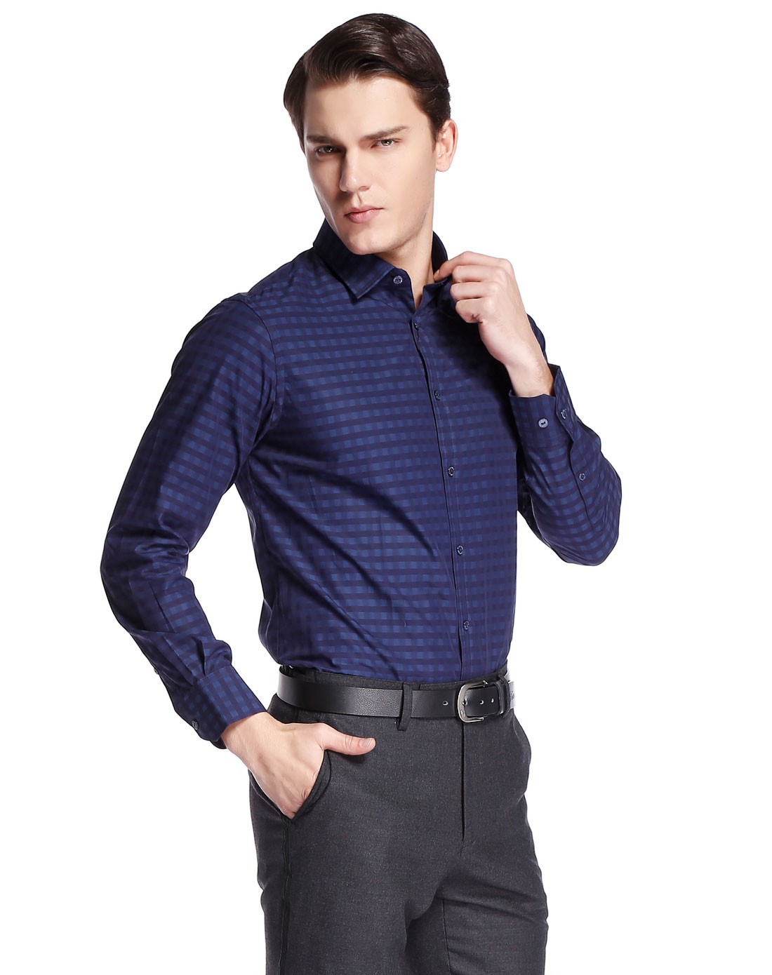 威斯康尼vskonne 蓝色个性格纹长袖衬衫