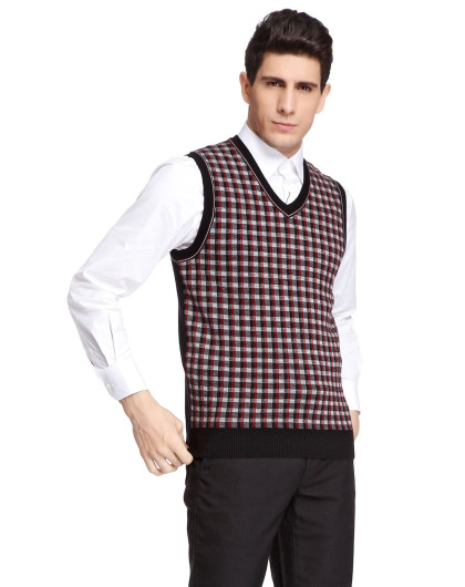 红/黑灰色纯羊毛格纹针织背心