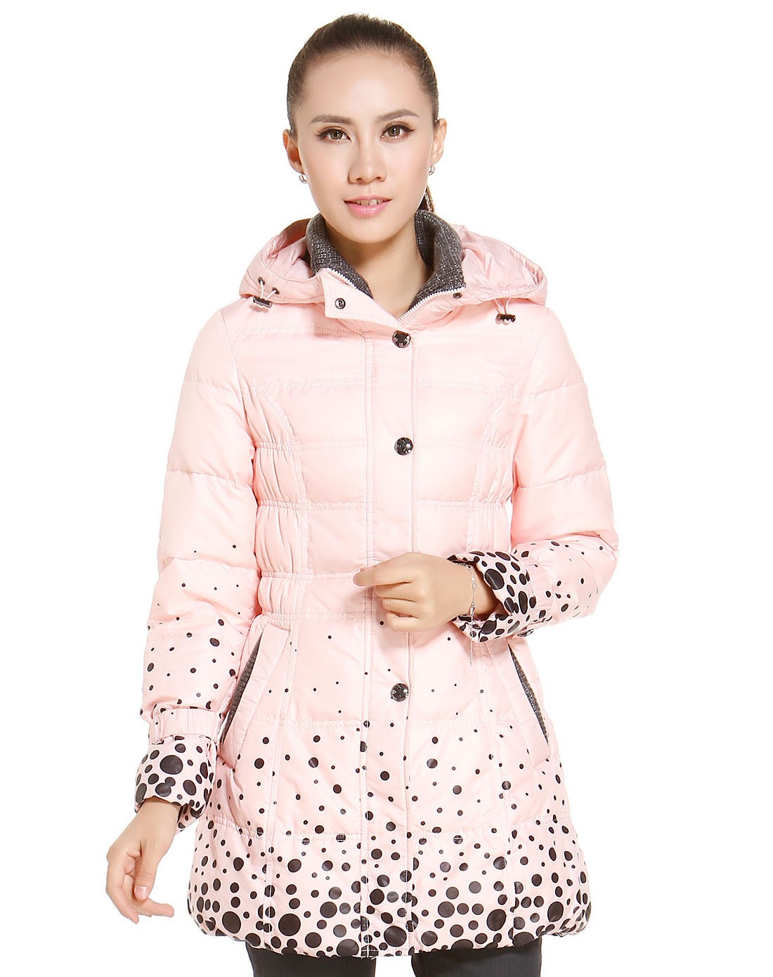 雅鹿女装波点粉印花圆点中款羽绒服