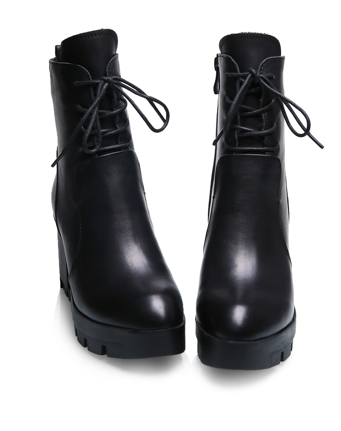 女款黑色头层牛皮交叉绑带粗高跟马丁靴子