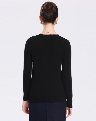 100%山羊绒黑色v领带蕾丝女套衫