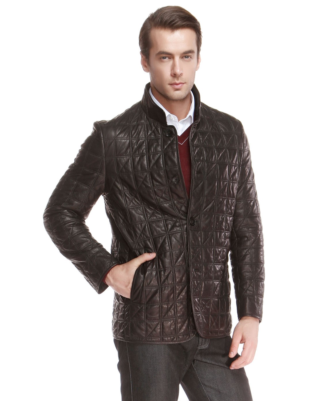 爵士丹尼a.jesdani男装专场 > 黑啡色车线气质长袖皮衣