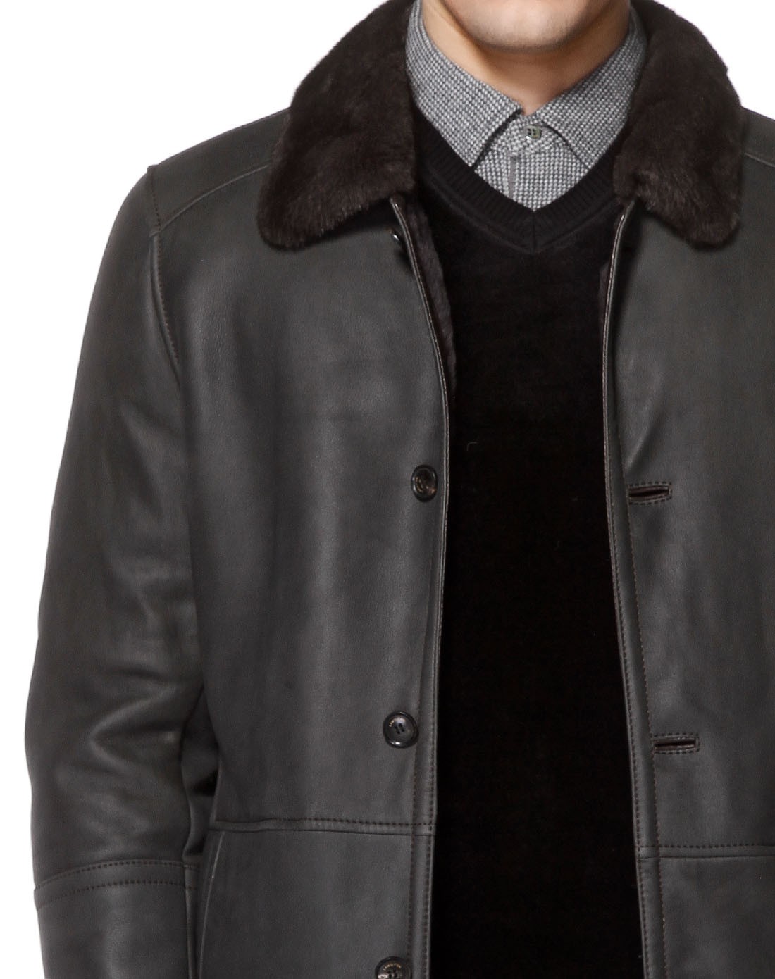 劳斯顿lawsiton深灰色翻毛领经典长袖皮衣22332323_唯品会