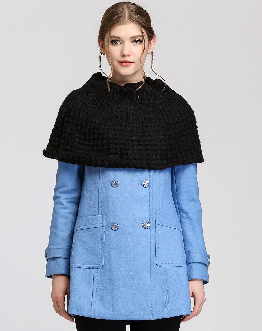 时尚海蓝色长袖呢大衣