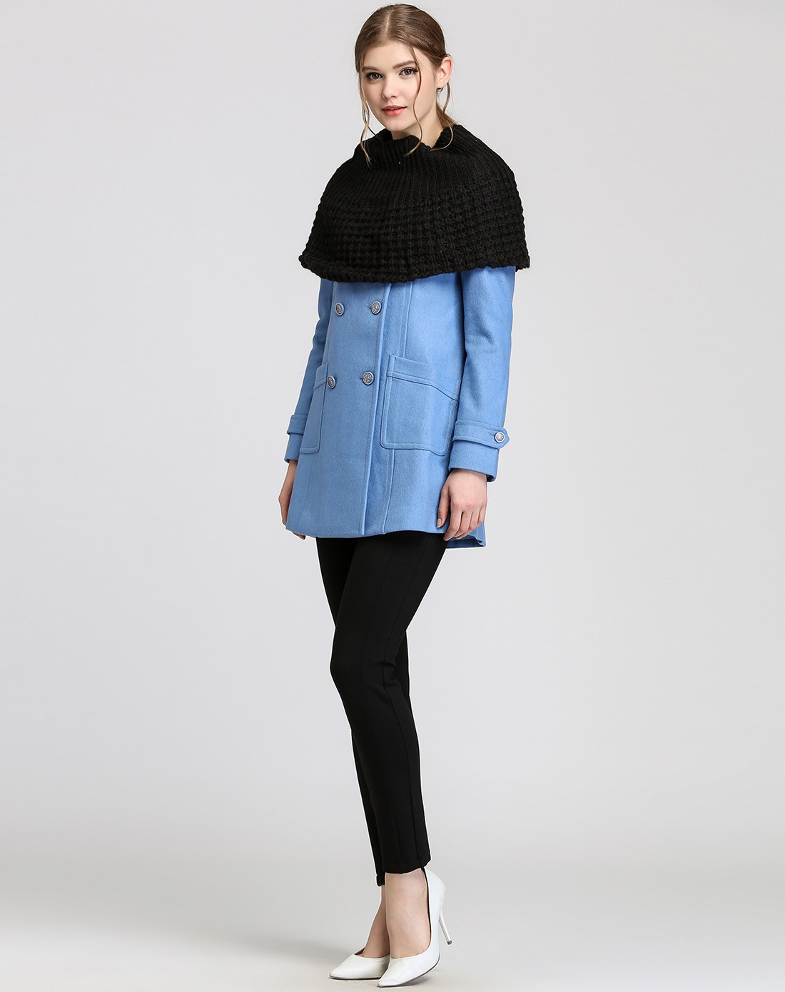 时尚海蓝色长袖呢大衣