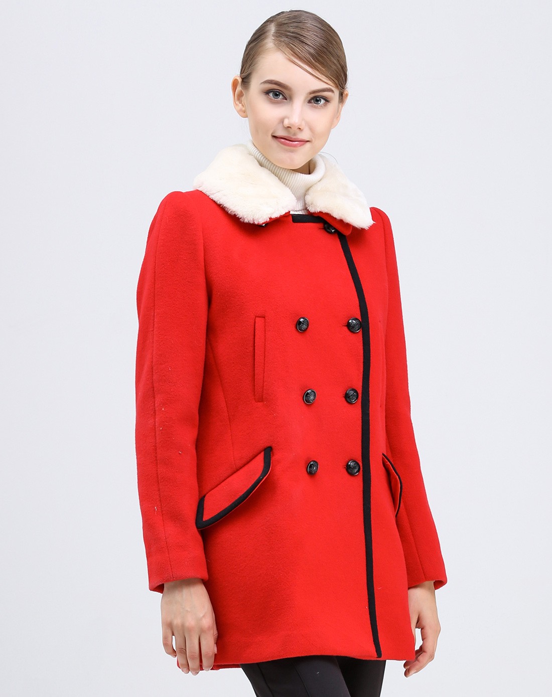 欧美风红色时尚双排扣大衣