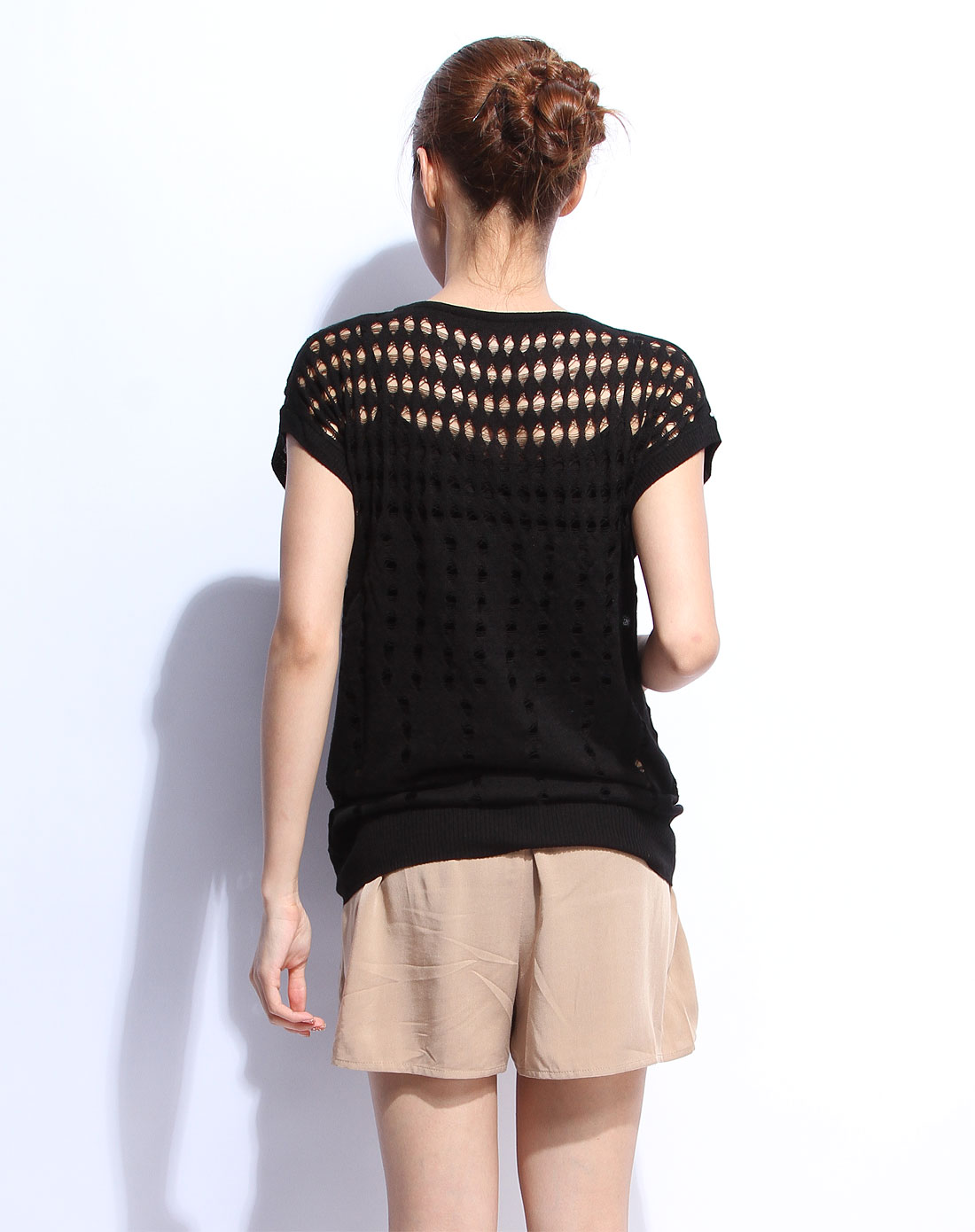 黑色镂空短袖针织衫