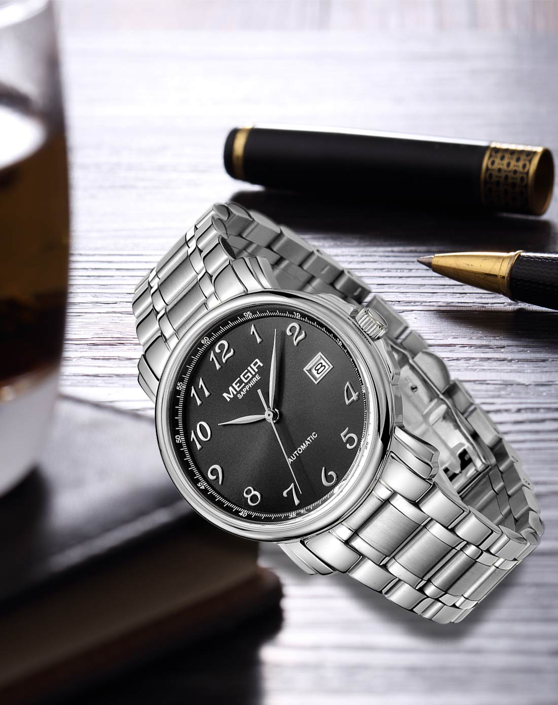 美格尔megir手表专场-瑞士机芯黑面日历男士钢带机械表