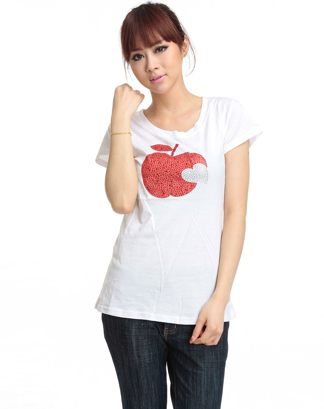 白色红苹果印花短袖上衣