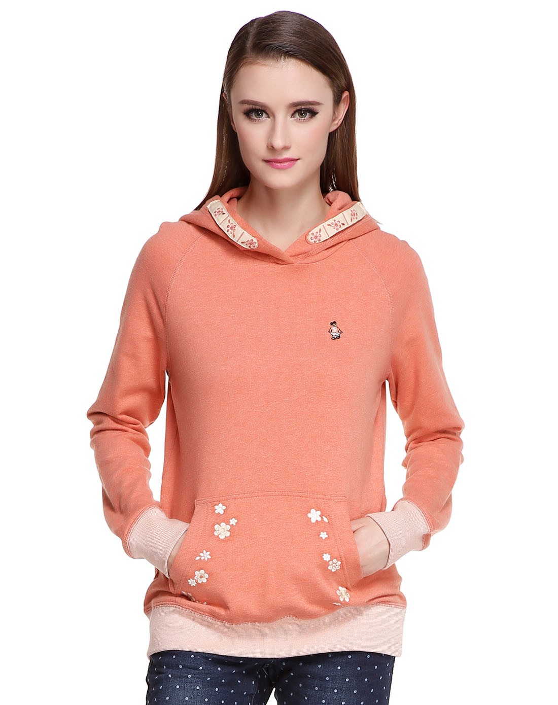 橙粉色舒适连帽长袖上衣