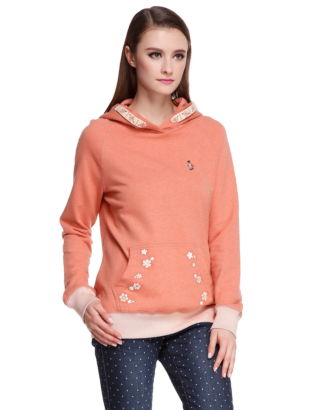 橙粉色舒适连帽长袖上衣