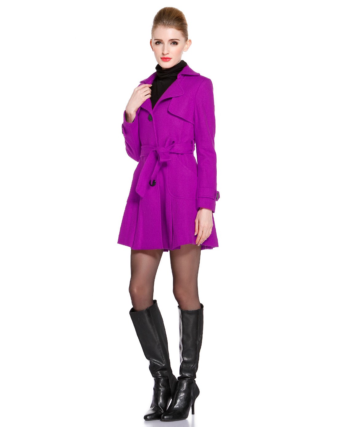 玫紫色修身淑女长款长袖大衣