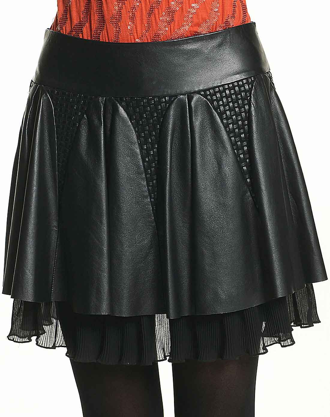 斯尔丽sierli皮草黑色时尚双层下摆皮裙2f009880_唯品会