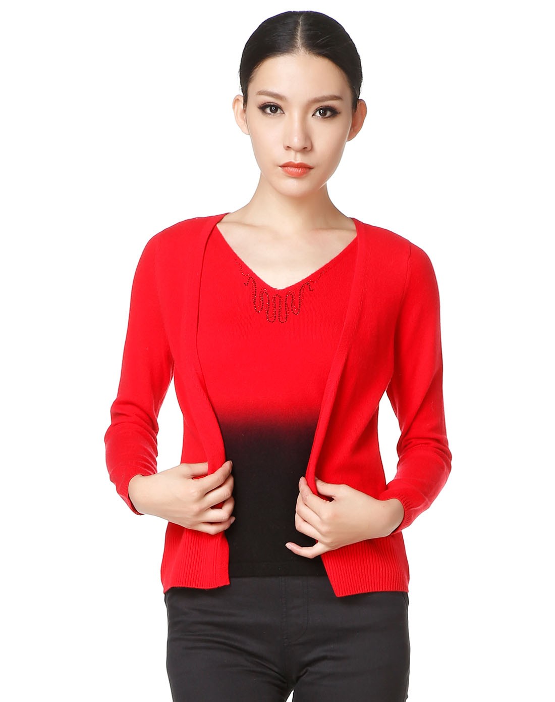 艳红色时尚大方假两件长袖羊绒衫