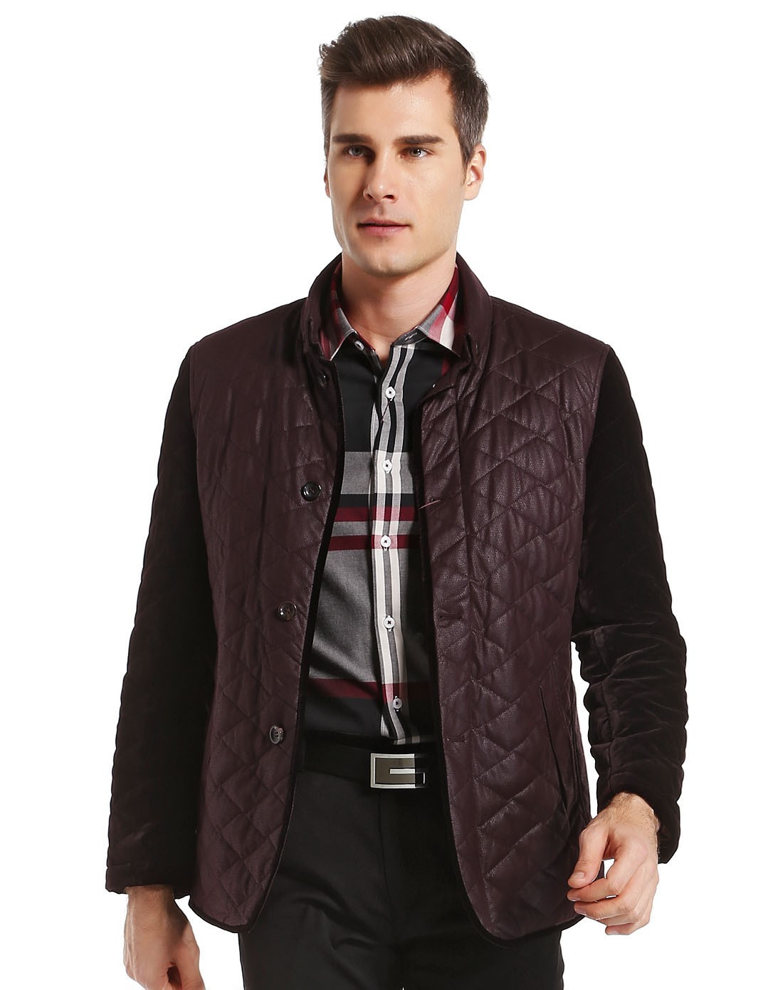 benato男装专场 宾度j.benato 深紫红色大气拼接长袖棉服