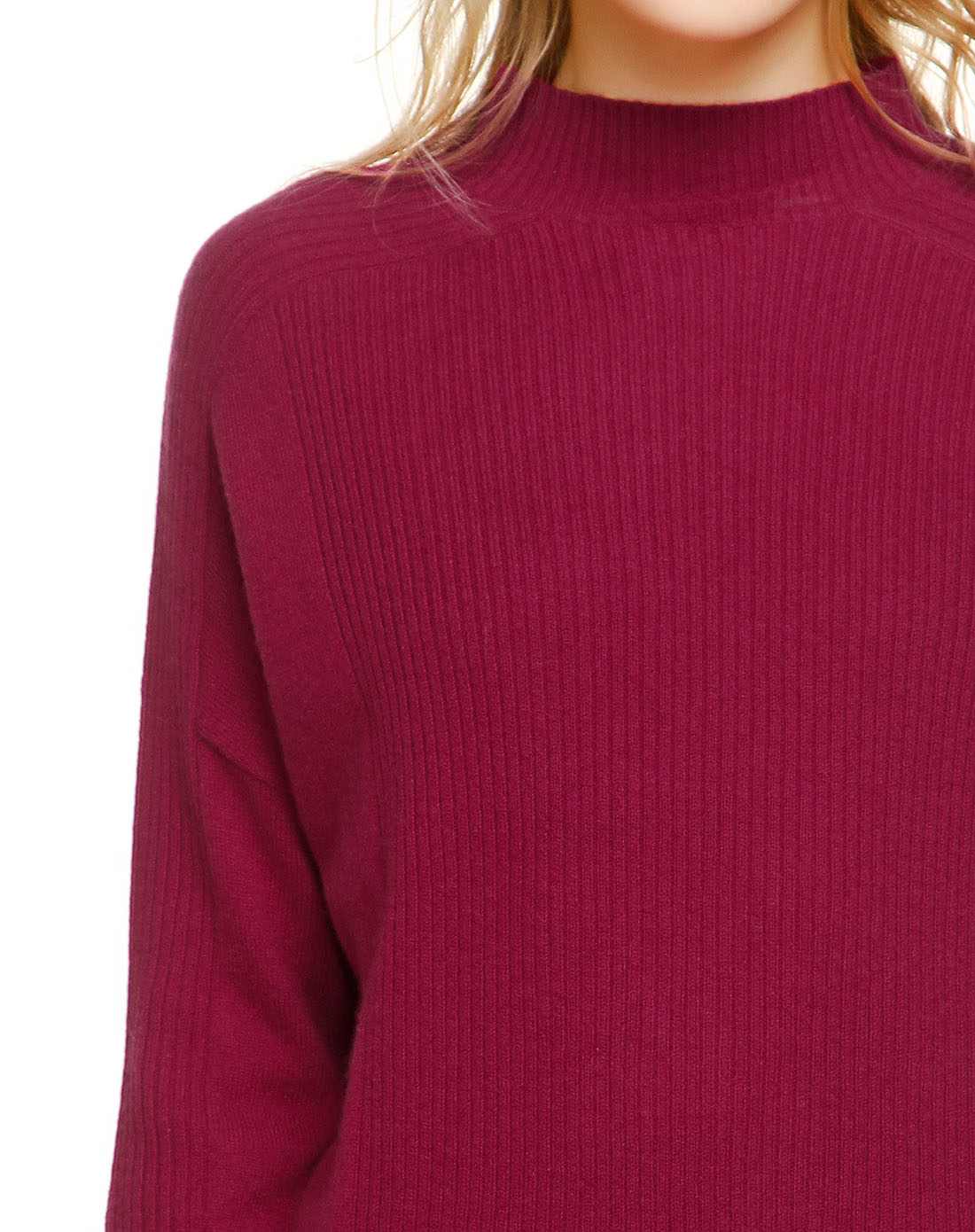 深玫红色时尚长袖长款100%山羊绒衫