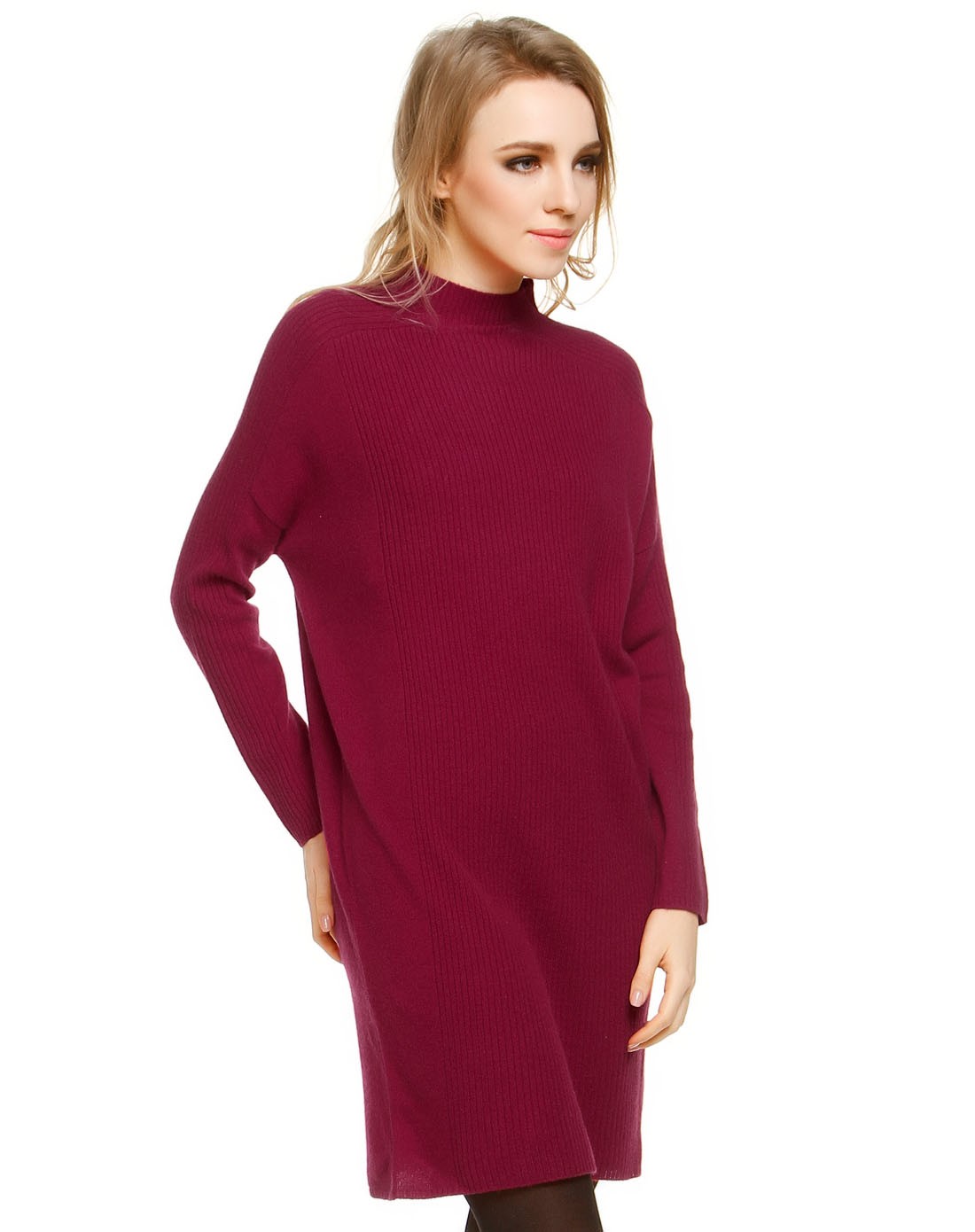 深玫红色时尚长袖长款100%山羊绒衫