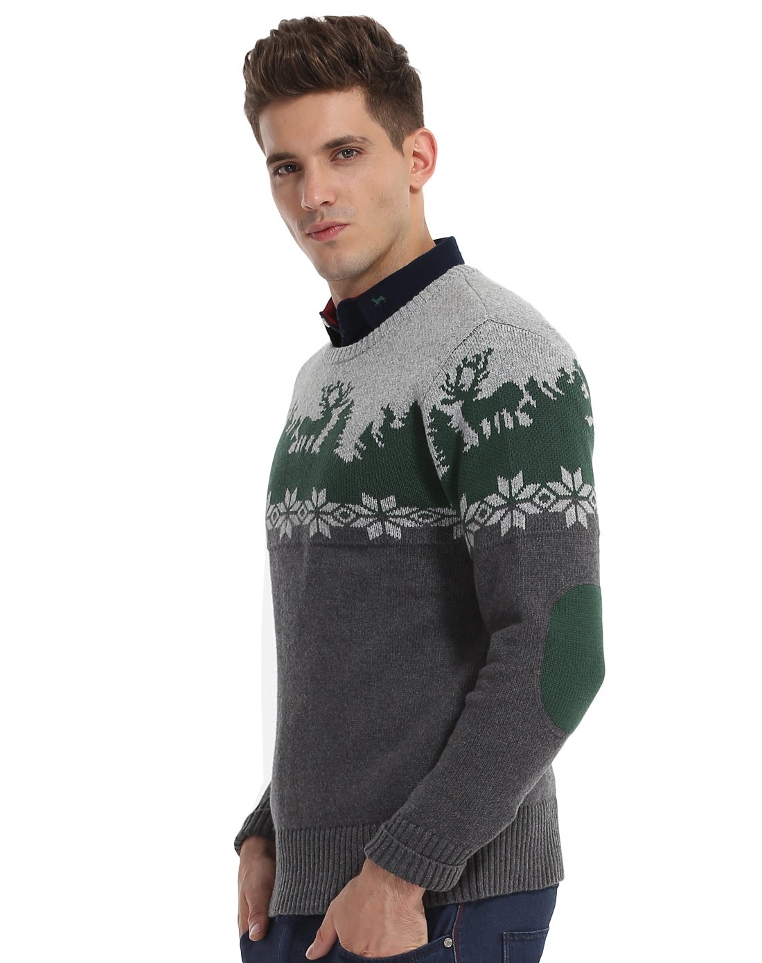 深灰绿复古针织花纹圆领套头保暖厚毛衫