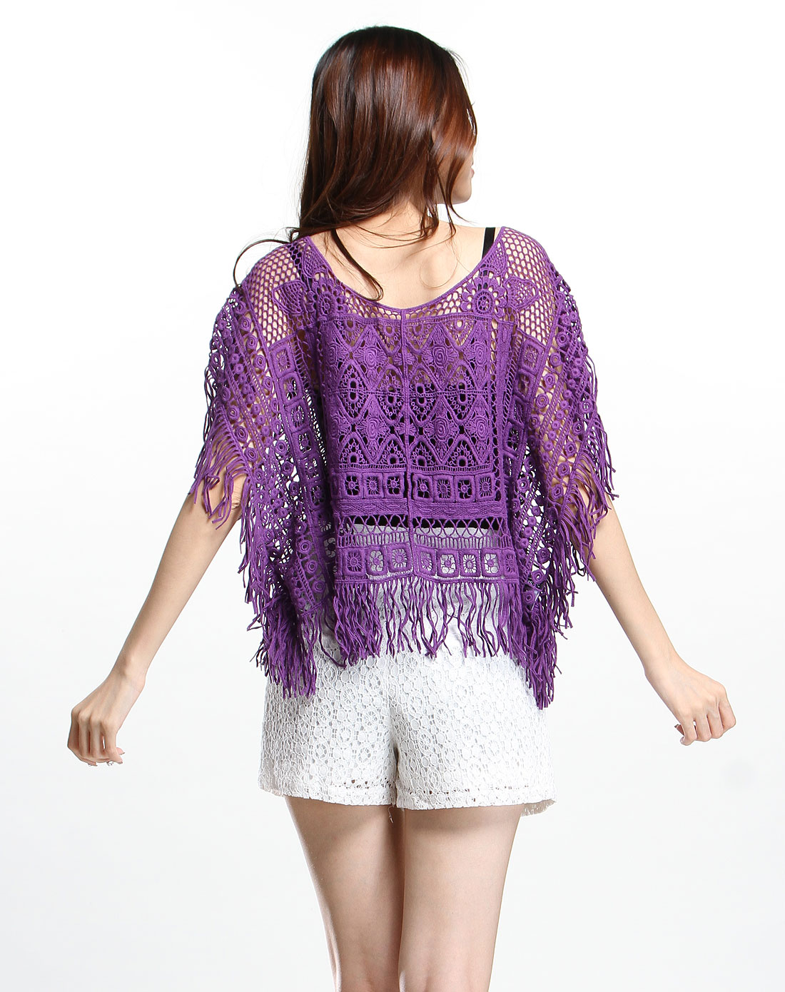 紫色针织镂空短袖罩衫
