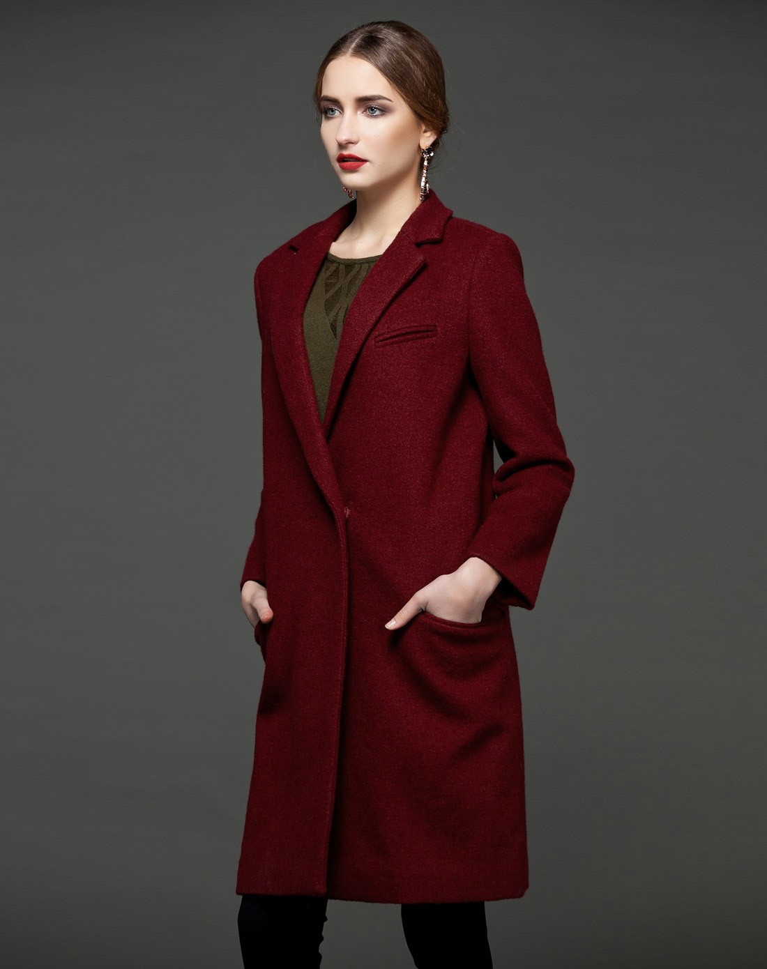 酒红色西服翻领知性夹棉羊毛大衣外套