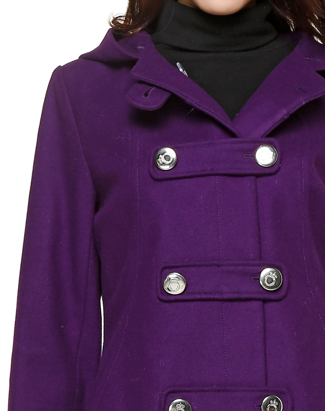 深紫色连帽双袋长袖长款大衣