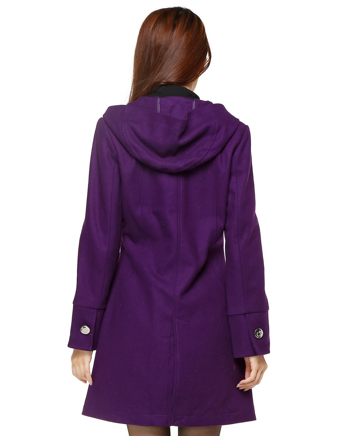 深紫色连帽双袋长袖长款大衣
