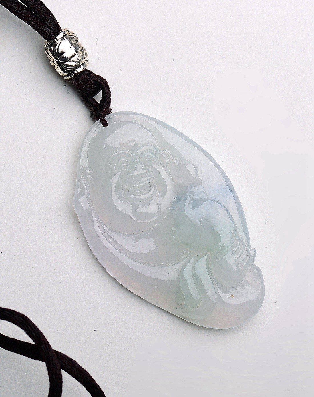 a货翡翠冰种起荧精雕布袋佛公吊坠