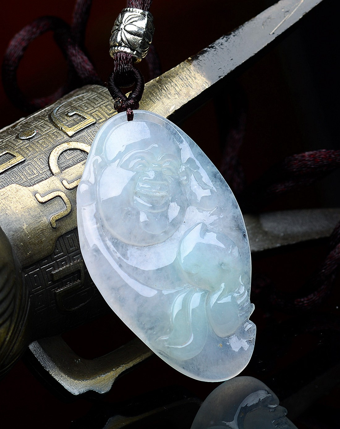 a货翡翠冰种起荧精雕布袋佛公吊坠