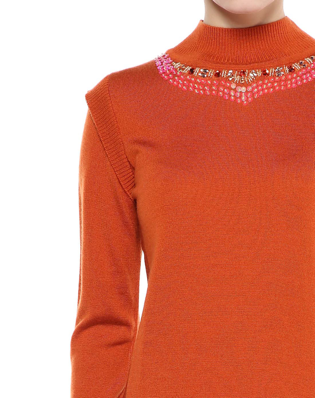 暗橙色舒适绣珠长袖毛衫