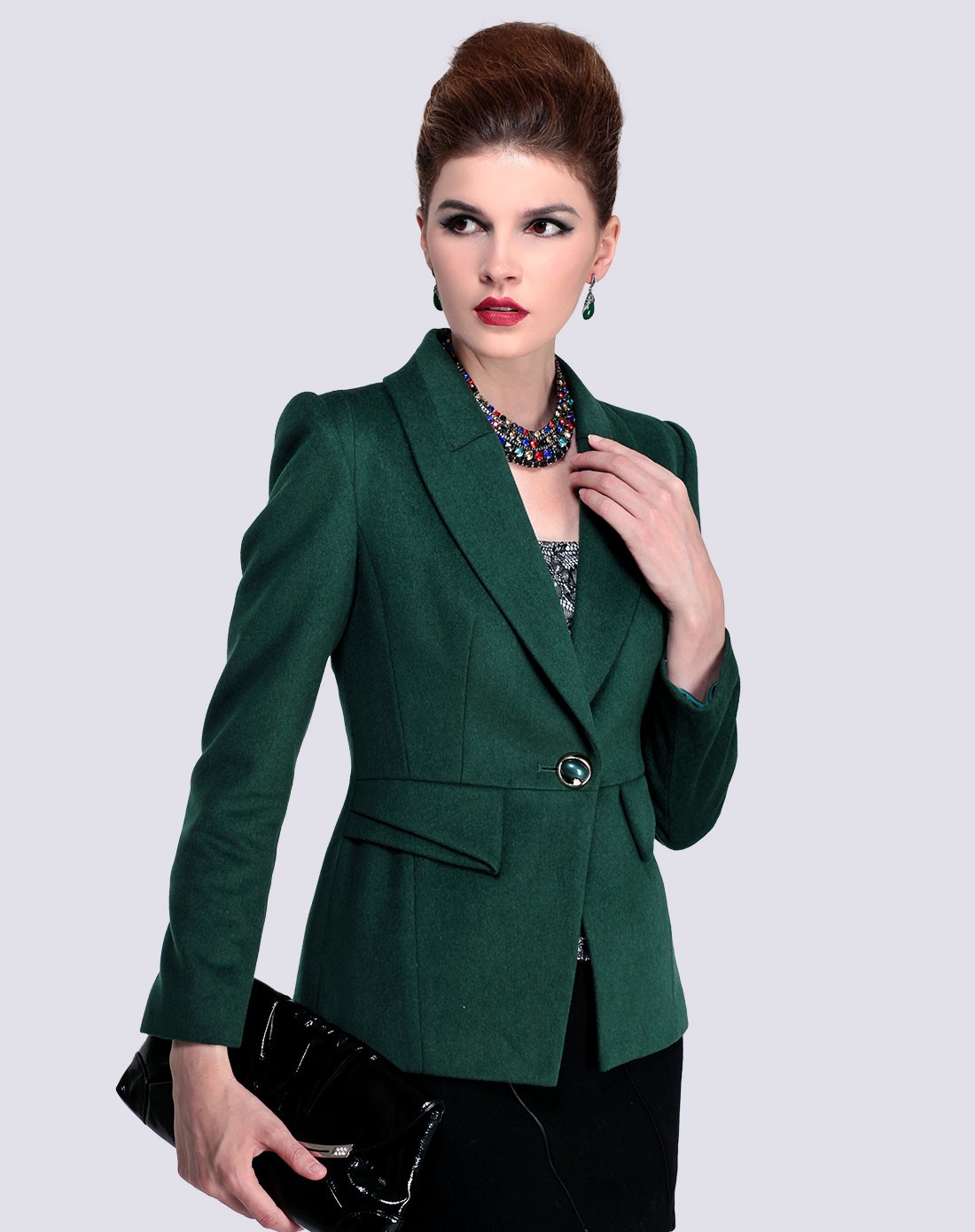 名人瑞裳rain voice女装专场 > 墨绿色短款修身韩版青果领大码毛呢