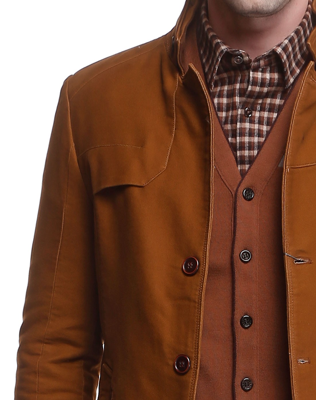 深棕色斯文大方小立领长袖外套