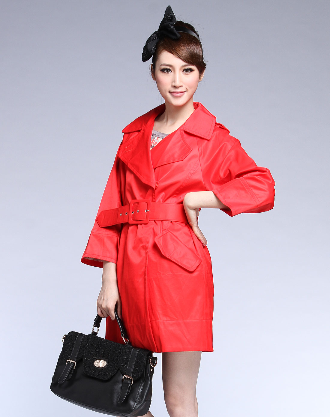 雪儿siares 大红色翻领时尚长袖风衣