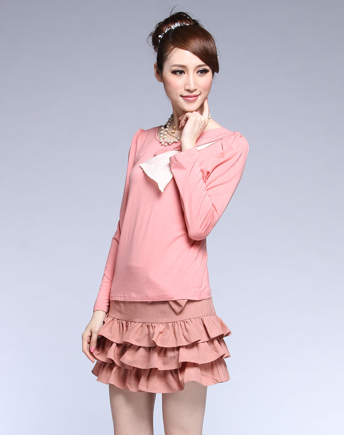 深粉色蝴蝶结长袖t恤