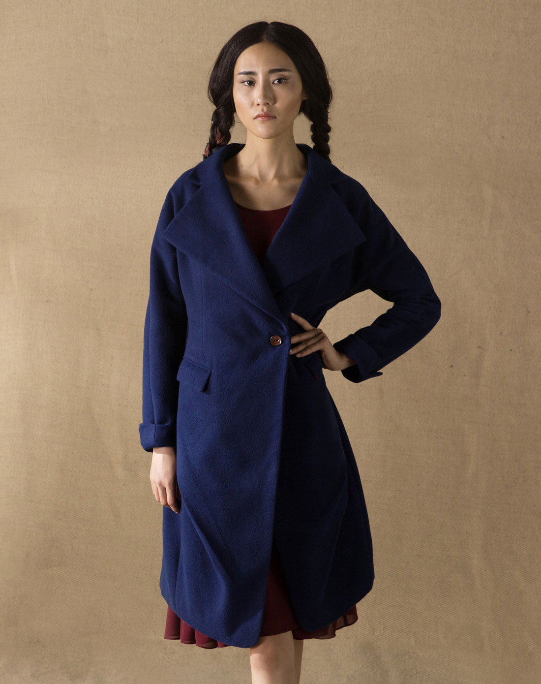 深宝蓝知性通勤净色百搭中长款呢大衣毛呢外套