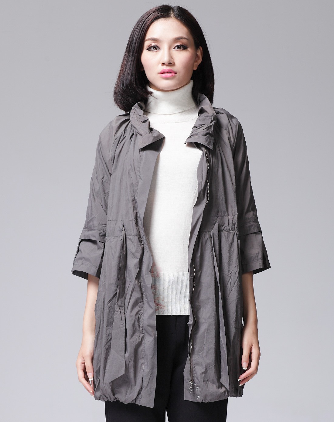 灰咖色休闲立领长袖风衣