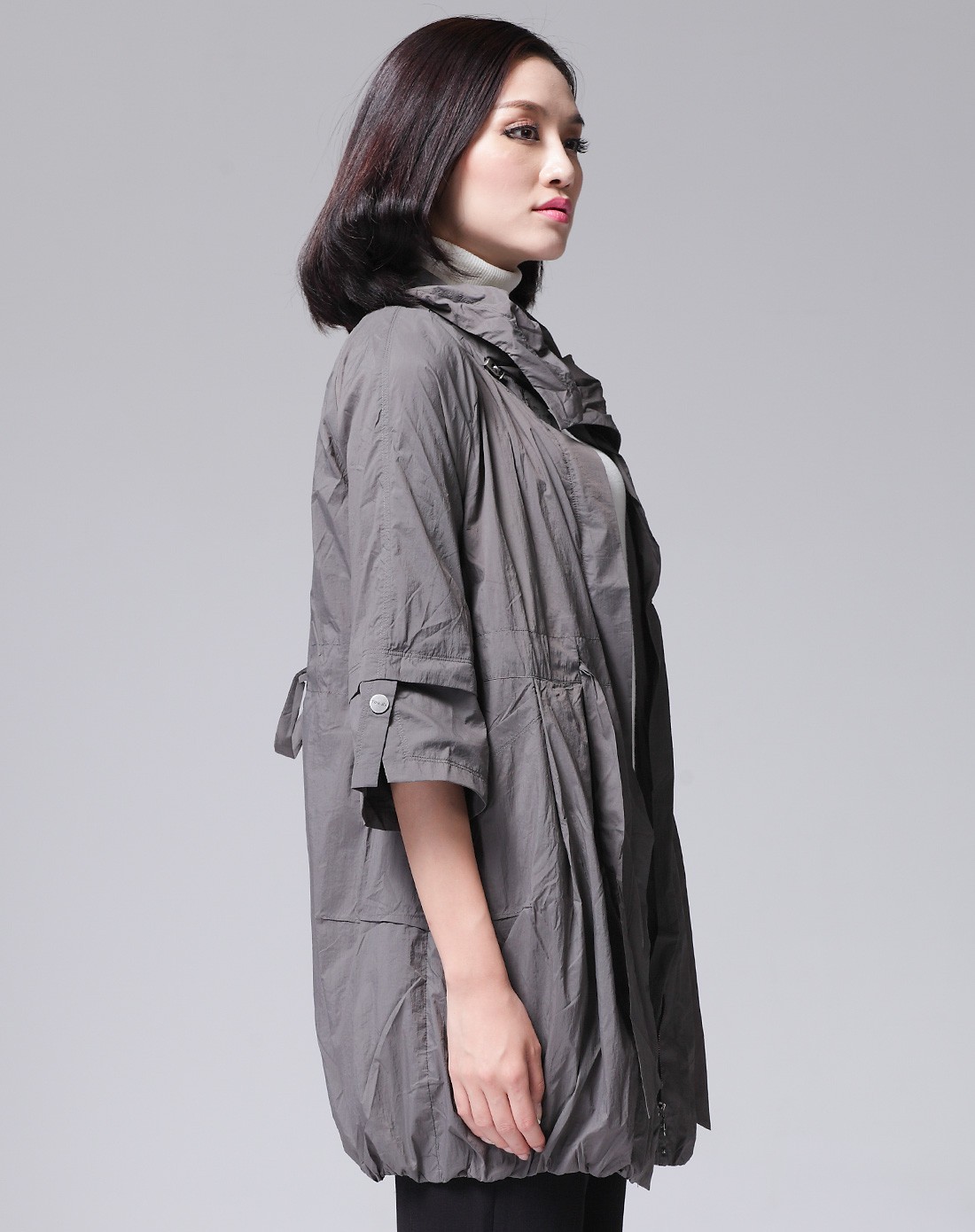 灰咖色休闲立领长袖风衣