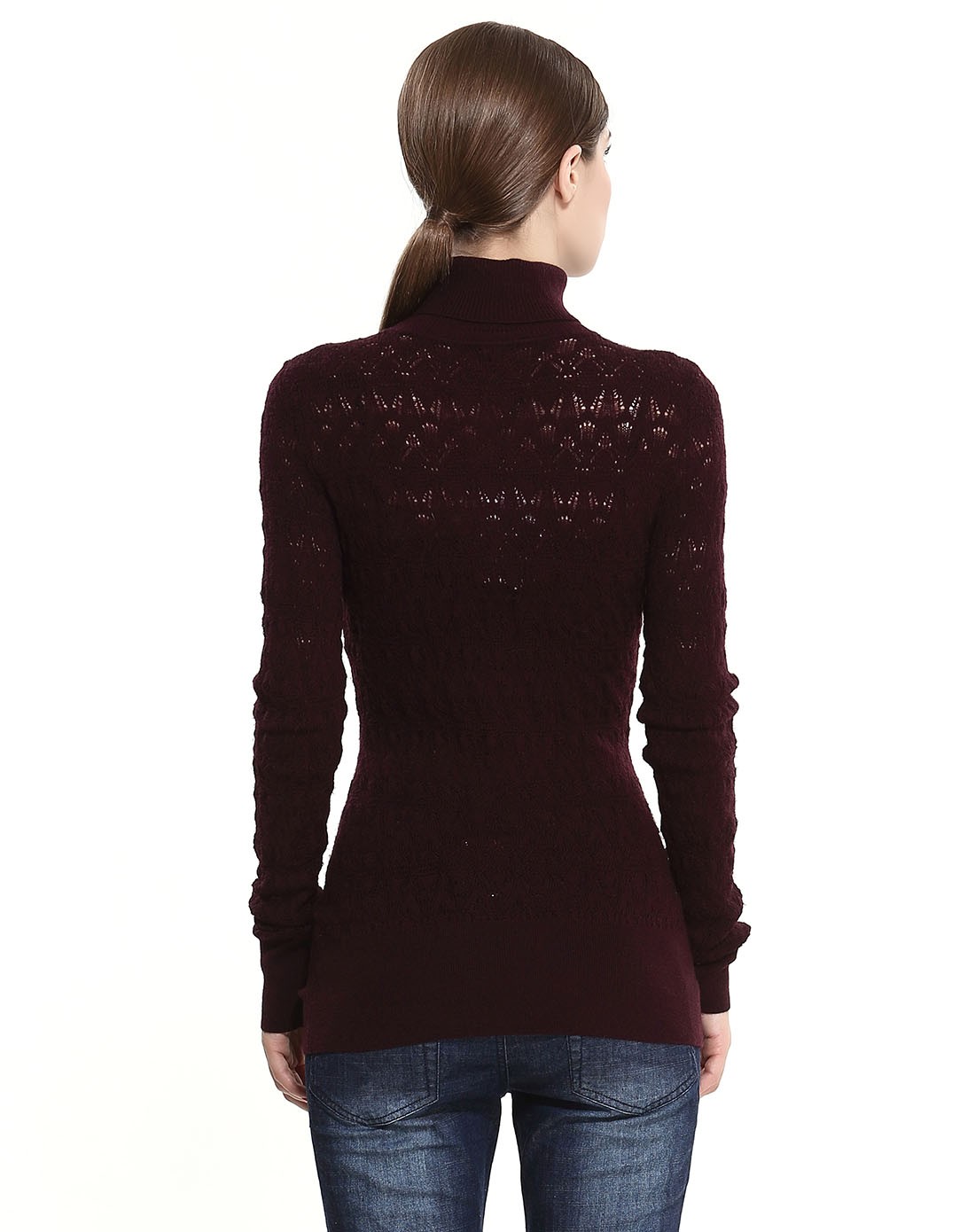 暗酒红色高领时尚长袖针织衫