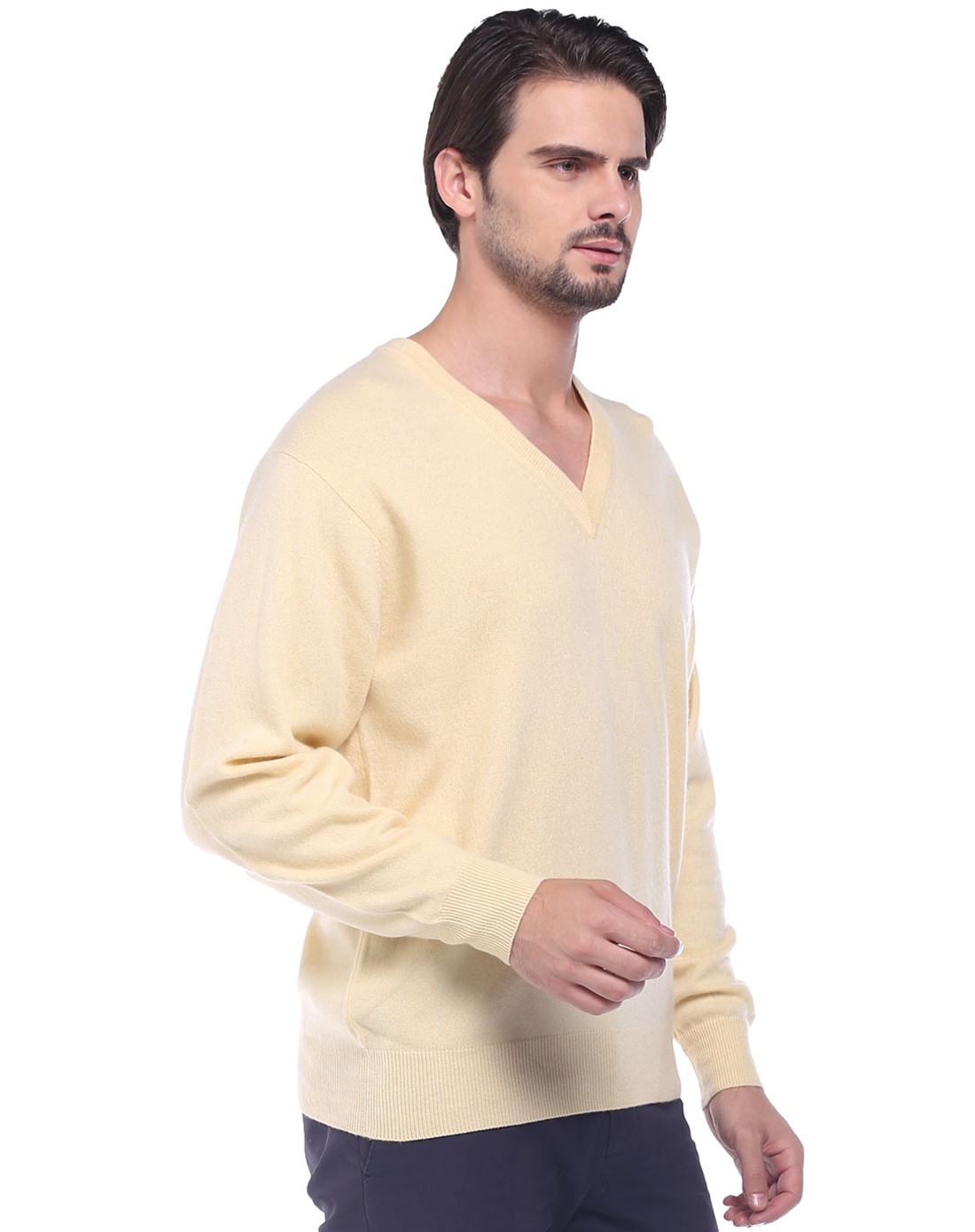 男浅黄v领平针套衫