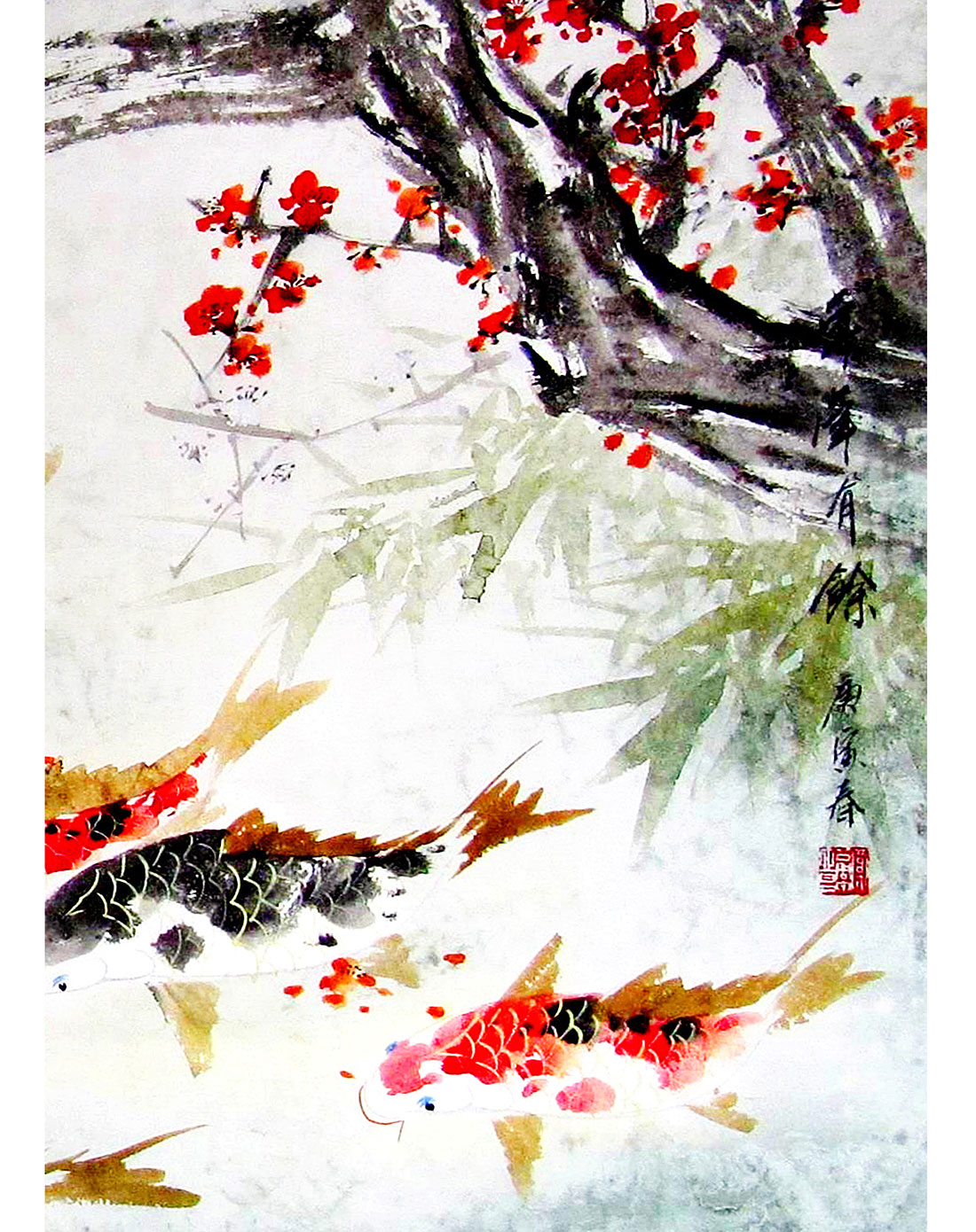 九鱼梅花图-实心松木无框画