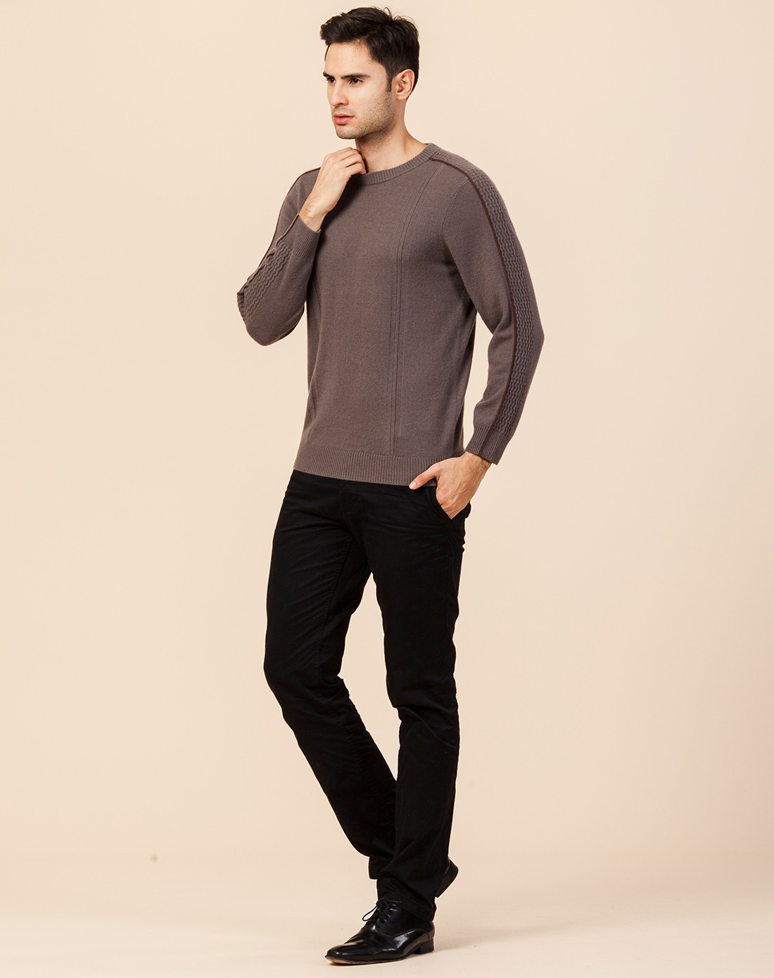 男摩卡棕100%山羊绒圆领男套衫